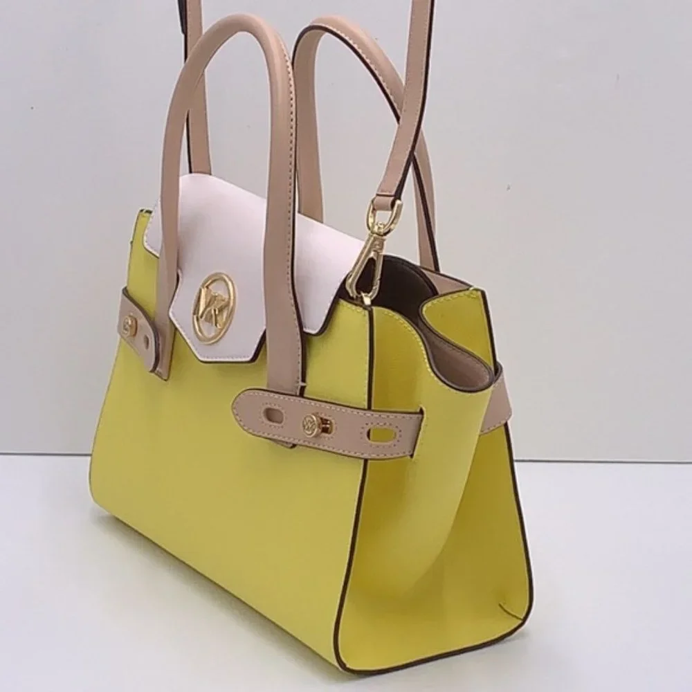 Michael Kors Carmen Medium Colorblock Faux Saffiano Leather Belted Satchel - Picture 16 of 16